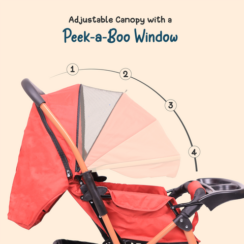 Baby Stroller for 0 to 5 Years, with Reclining Features, Spacious, Cushioned seat | Reversible Handle 360° Swivel Wheel | Foot Brakes | Sun & Rain Shade With 25 Kg weight Capacity | Reclining Features – Red