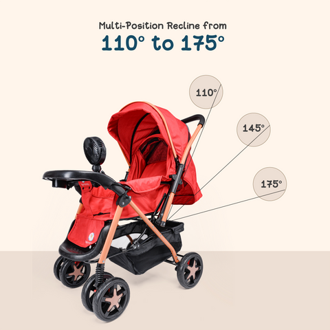 Baby Stroller for 0 to 5 Years, with Reclining Features, Spacious, Cushioned seat | Reversible Handle 360° Swivel Wheel | Foot Brakes | Sun & Rain Shade With 25 Kg weight Capacity | Reclining Features – Red