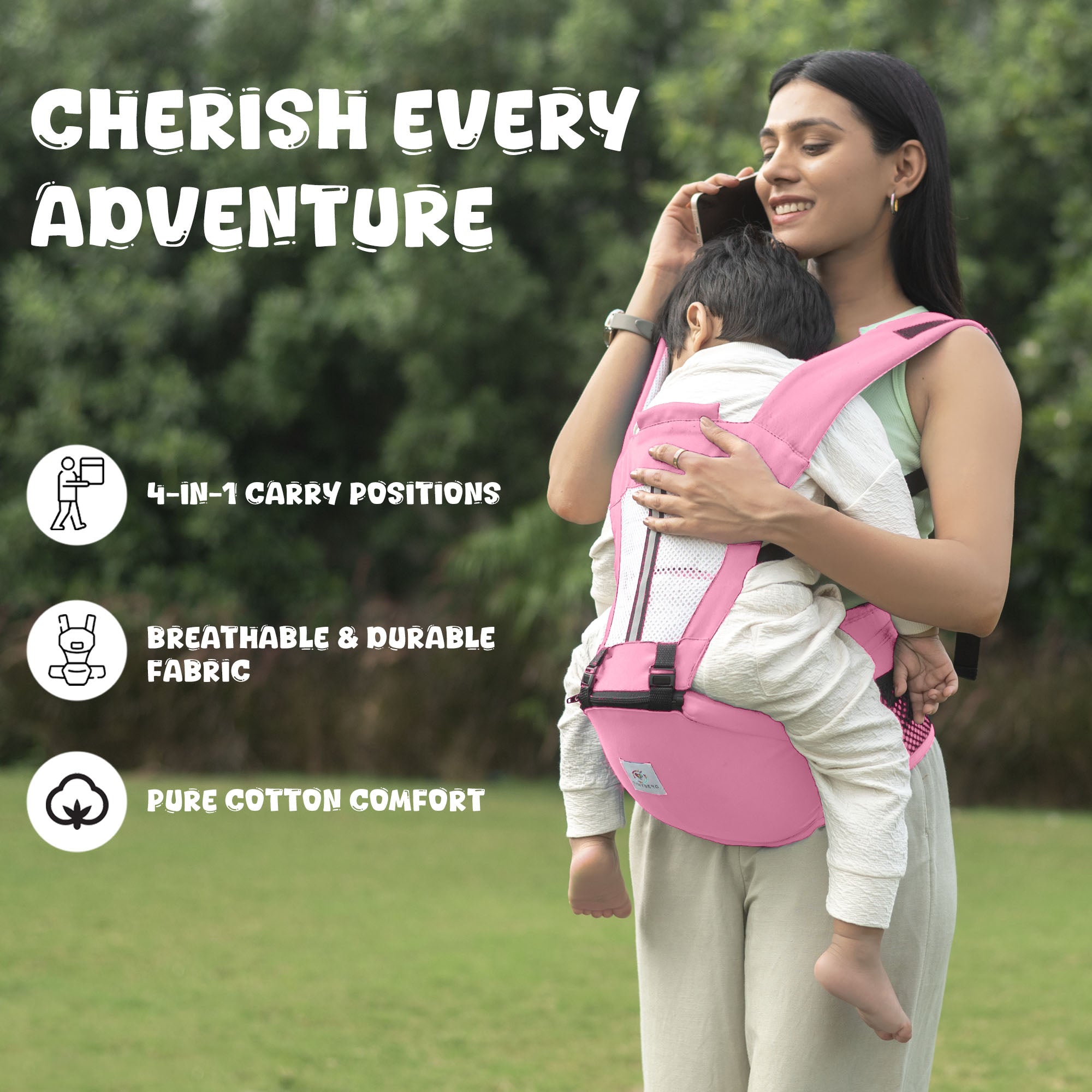 Baby Carrier | 3-36 Month | Up to 15 Kg | 4-in-1 | Hip Seat | Adjustable | Newborn - Toddler | Padded Straps|Bottle Holder|Tinysung