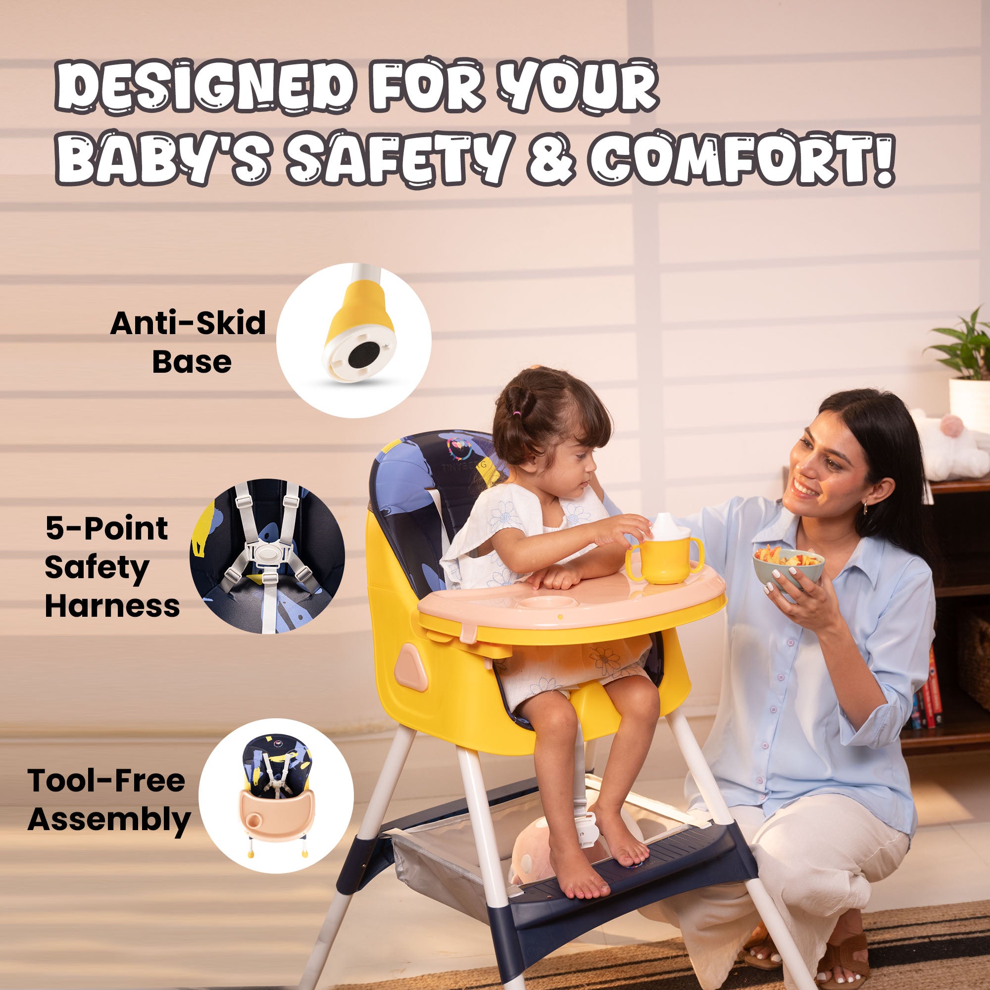 Baby High Chair | 3-36 Months | Up to 20 Kg | 3-in-1 | Foldable | Compact | 5 Point safety belt | Anti Skid base | Wonderseat