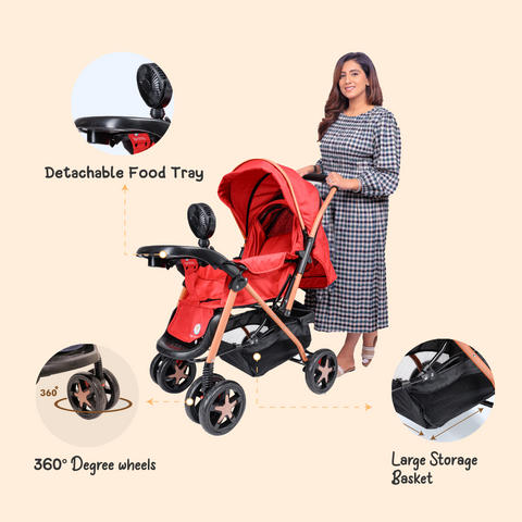 Baby Stroller for 0 to 5 Years, with Reclining Features, Spacious, Cushioned seat | Reversible Handle 360° Swivel Wheel | Foot Brakes | Sun & Rain Shade With 25 Kg weight Capacity | Reclining Features – Red