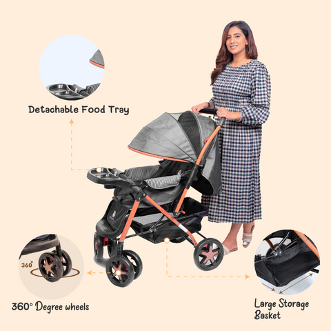 Baby Stroller for 0 to 5 Years, with Reclining Features, Spacious, Cushioned seat | Reversible Handle 360° Swivel Wheel | Foot Brakes | Sun & Rain Shade With 25 Kg weight Capacity | Reclining Features – Grey