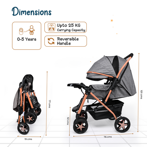 Baby Stroller for 0 to 5 Years, with Reclining Features, Spacious, Cushioned seat | Reversible Handle 360° Swivel Wheel | Foot Brakes | Sun & Rain Shade With 25 Kg weight Capacity | Reclining Features – Grey