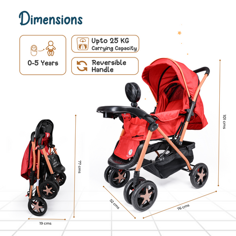 Baby Stroller for 0 to 5 Years, with Reclining Features, Spacious, Cushioned seat | Reversible Handle 360° Swivel Wheel | Foot Brakes | Sun & Rain Shade With 25 Kg weight Capacity | Reclining Features – Red