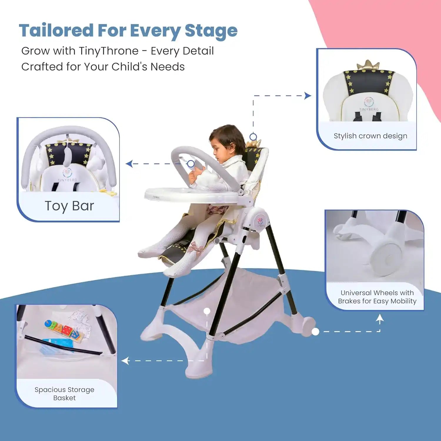 Baby High Chair for Feeding 0 to 5 Years Baby with 6 in 1 function, 6-Level Reclining Positions with Backrest, 6-Position Adjustable Height, 360 Degree Rotational Wheels with Brakes (white & black) | TinyThrone