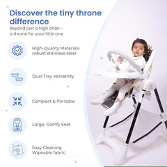 Baby High Chair for Feeding 0 to 5 Years Baby with 6 in 1 function, 6-Level Reclining Positions with Backrest, 6-Position Adjustable Height, 360 Degree Rotational Wheels with Brakes (white & black) | TinyThrone