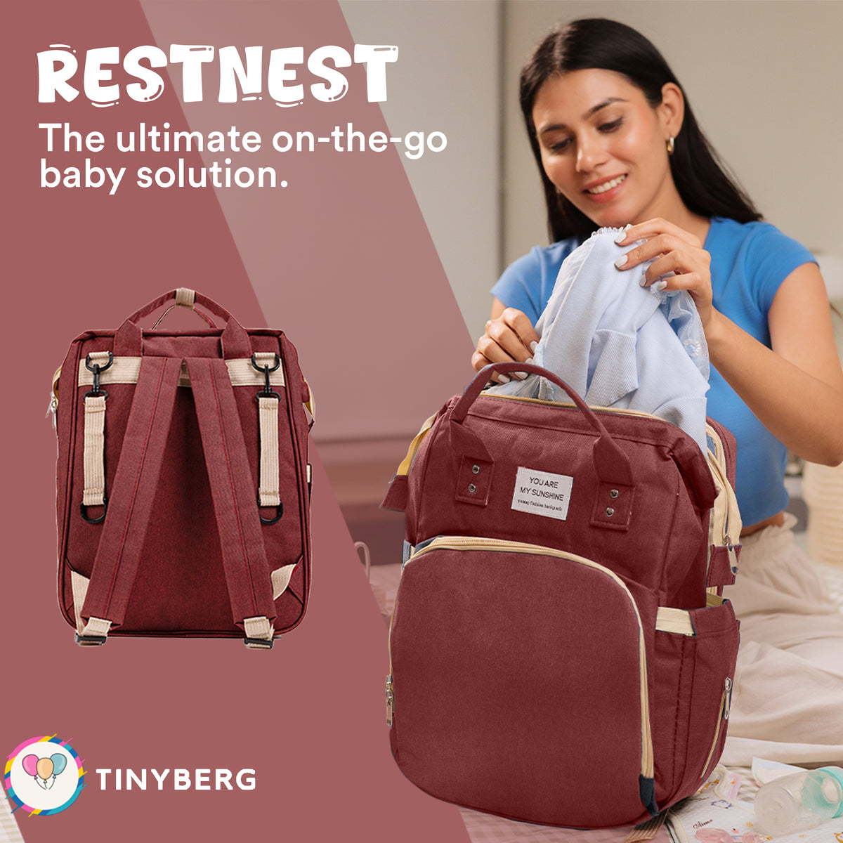 Diaper Bag | Foldable Baby Bed & Changing Station | 11 Pockets, Insulated Bottle Holders, USB Port|Water Resistant | Maternity Bag