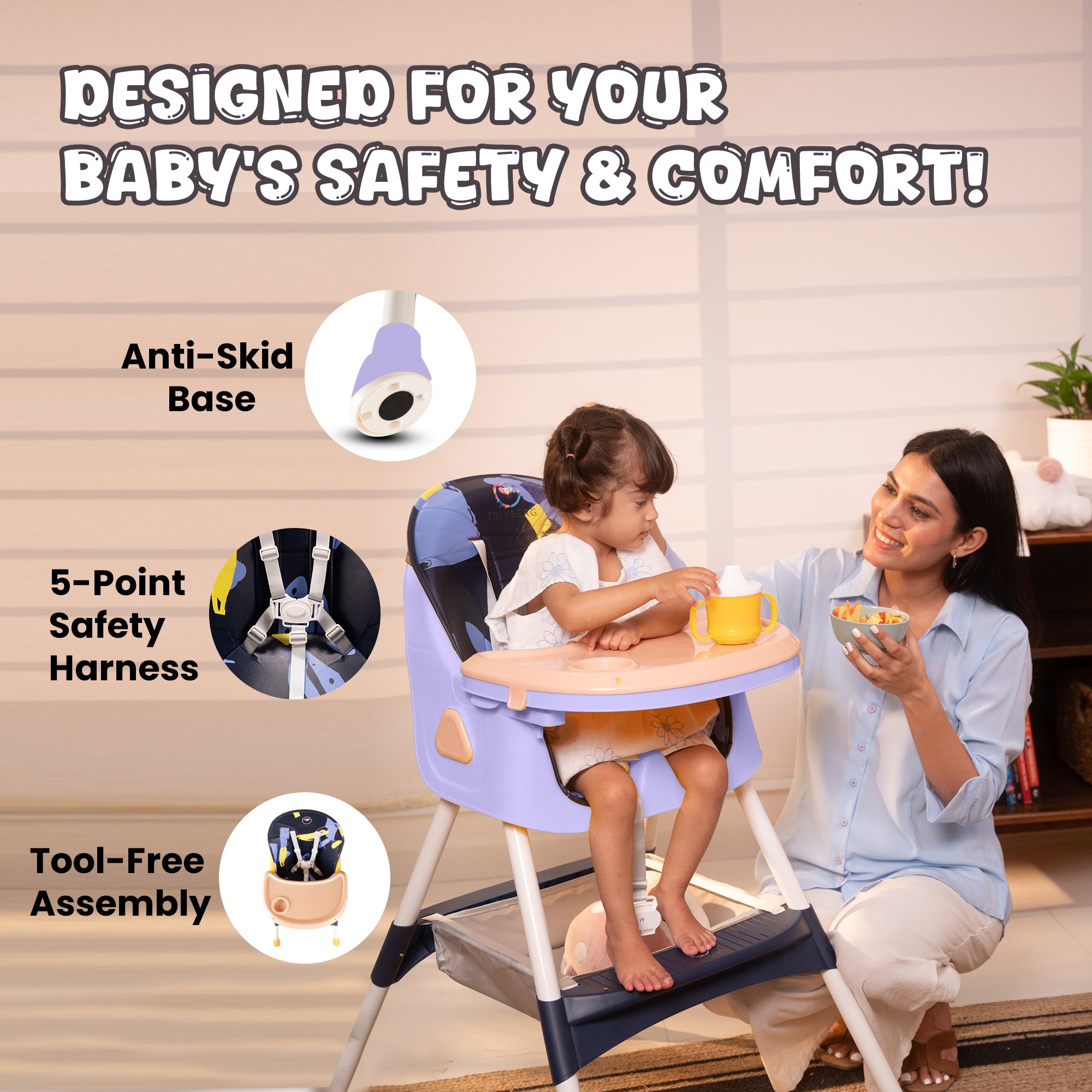 Baby High Chair | 3-36 Months | Up to 20 Kg | 3-in-1 | Foldable | Compact | 5 Point safety belt | Anti Skid base | Wonderseat