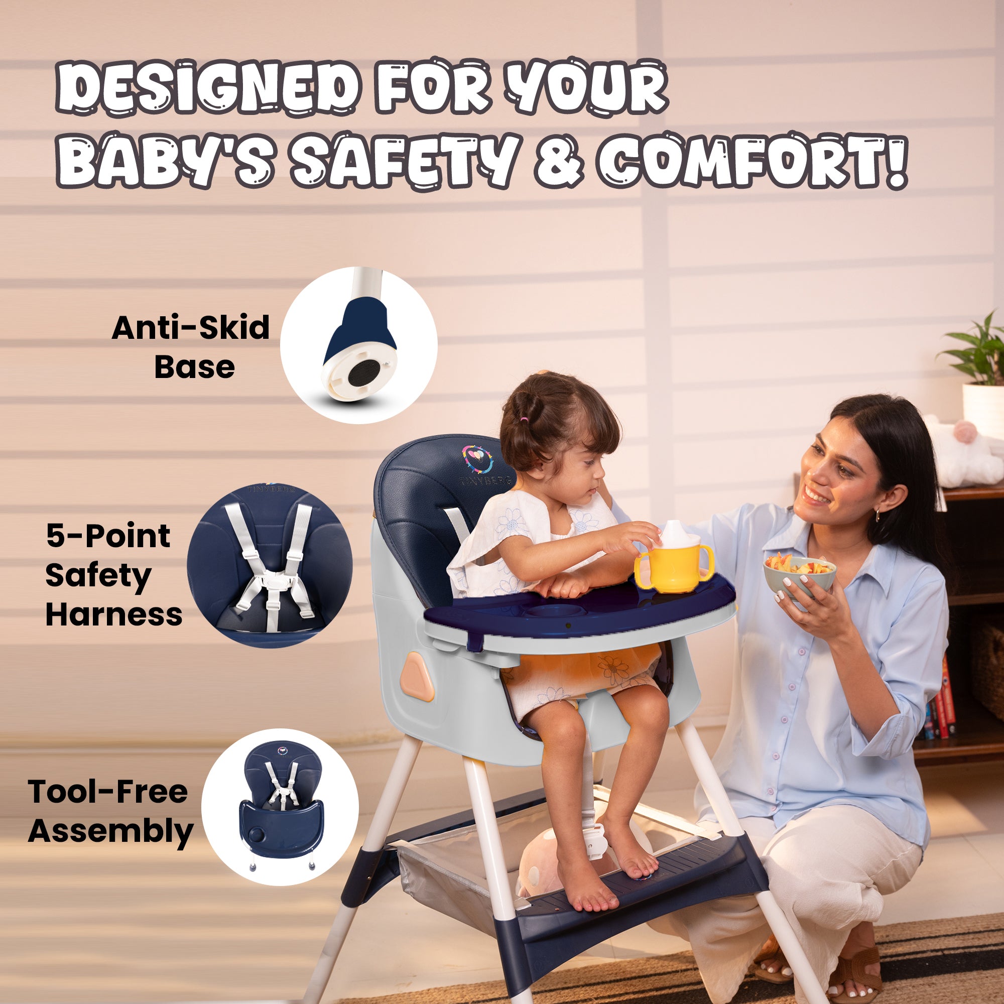 Baby High Chair | 3-36 Months | Up to 20 Kg | 3-in-1 | Foldable | Compact | 5 Point safety belt | Anti Skid base | Wonderseat