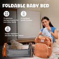 Diaper Bag | Foldable Baby Bed & Changing Station | 11 Pockets, Insulated Bottle Holders, USB Port|Water Resistant | Maternity Bag