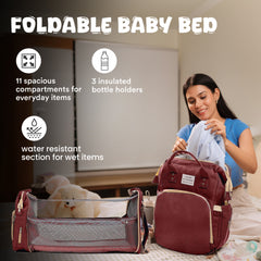 Diaper Bag | Foldable Baby Bed & Changing Station | 11 Pockets, Insulated Bottle Holders, USB Port|Water Resistant | Maternity Bag